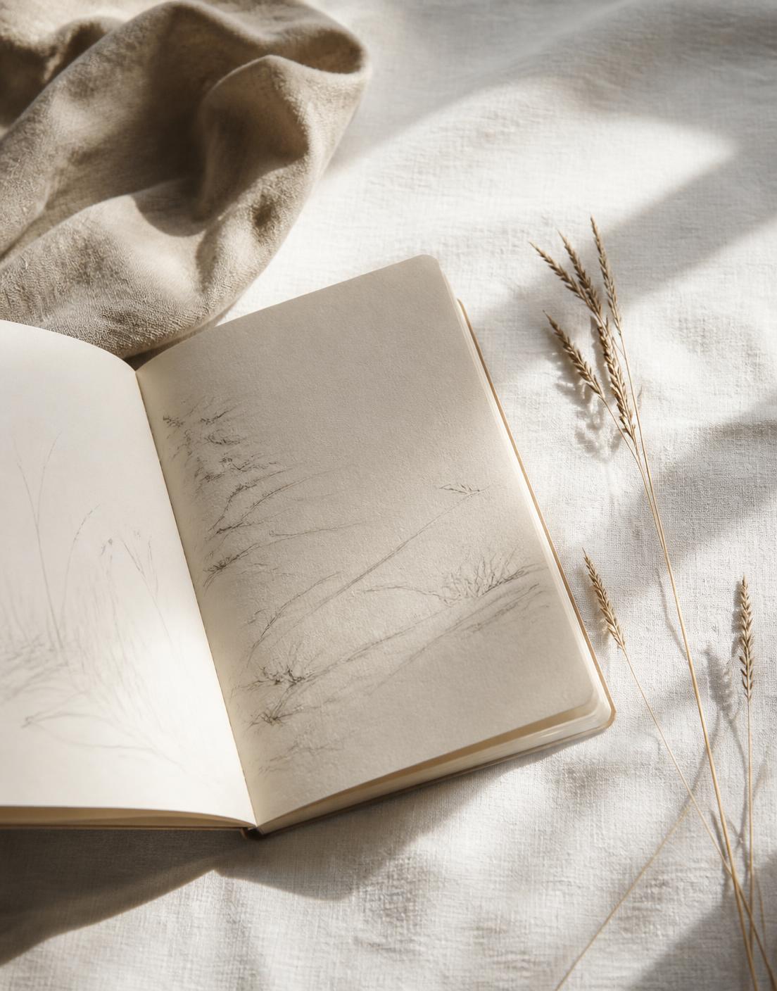 An open sketchbook with pencil lines beside dried grasses