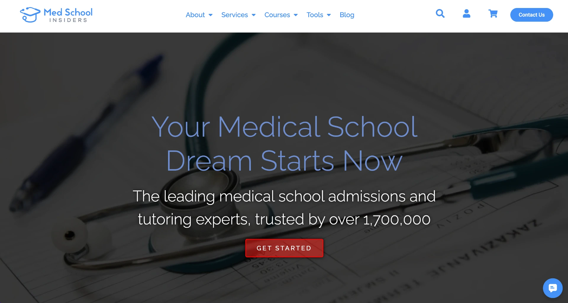 Current Med School Insiders homepage hero with a dark stethoscope photo and a red Get Started button