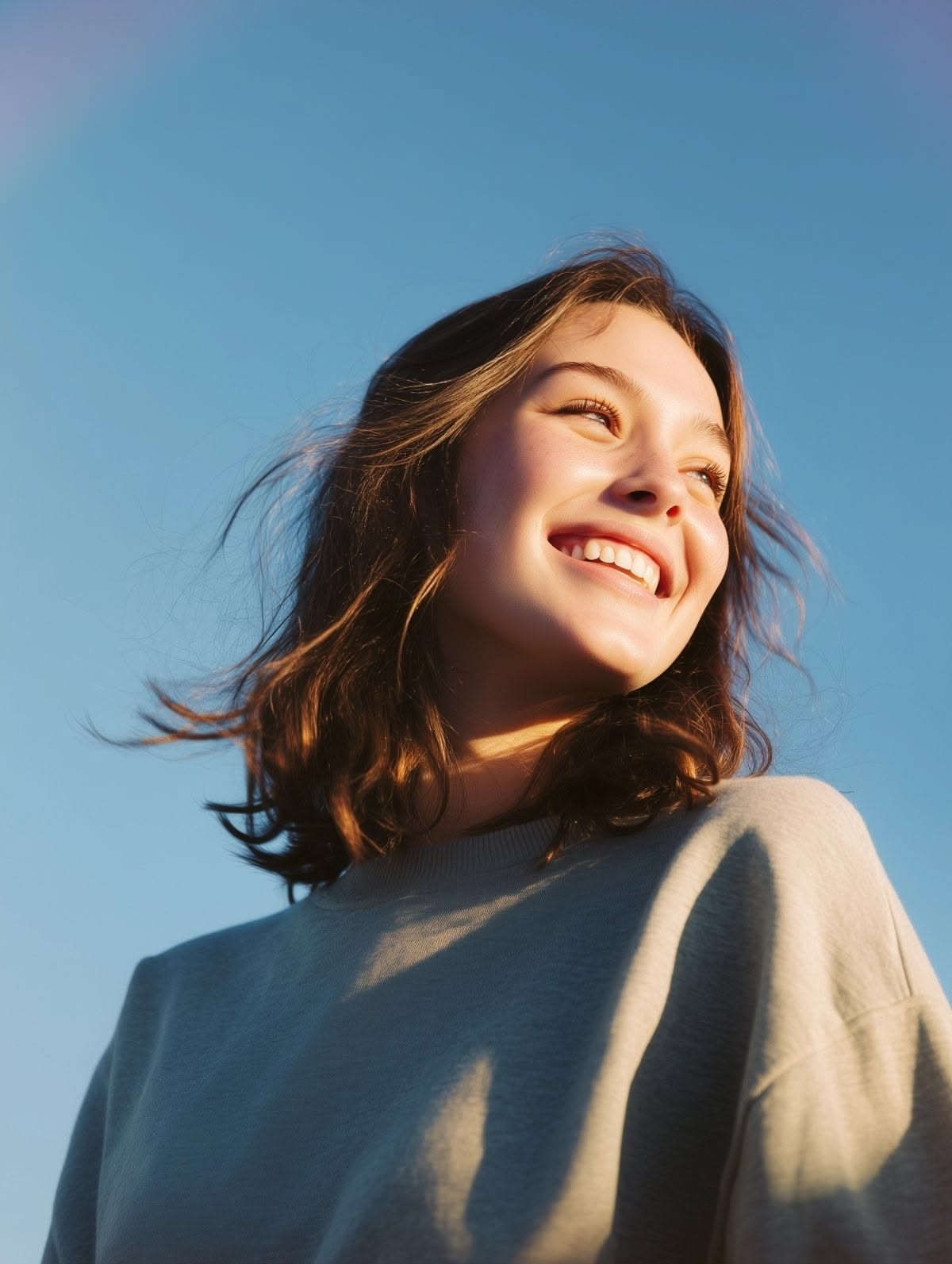 Smiling student looking up into a blue sky