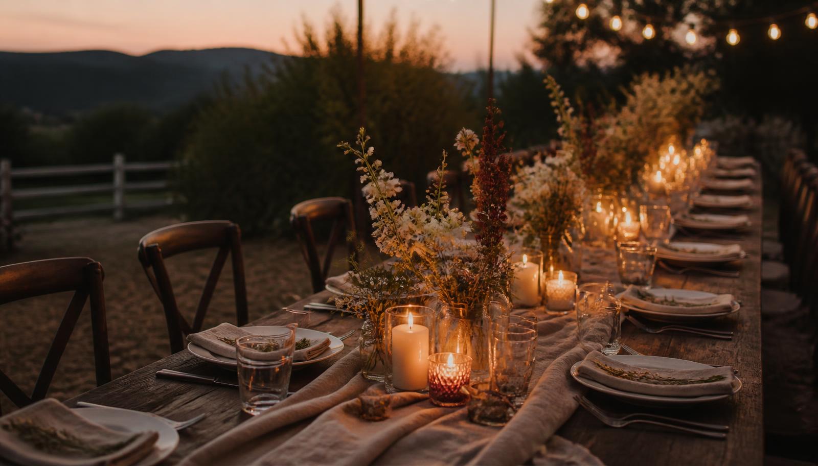A long wooden table set for a shared dinner at dusk