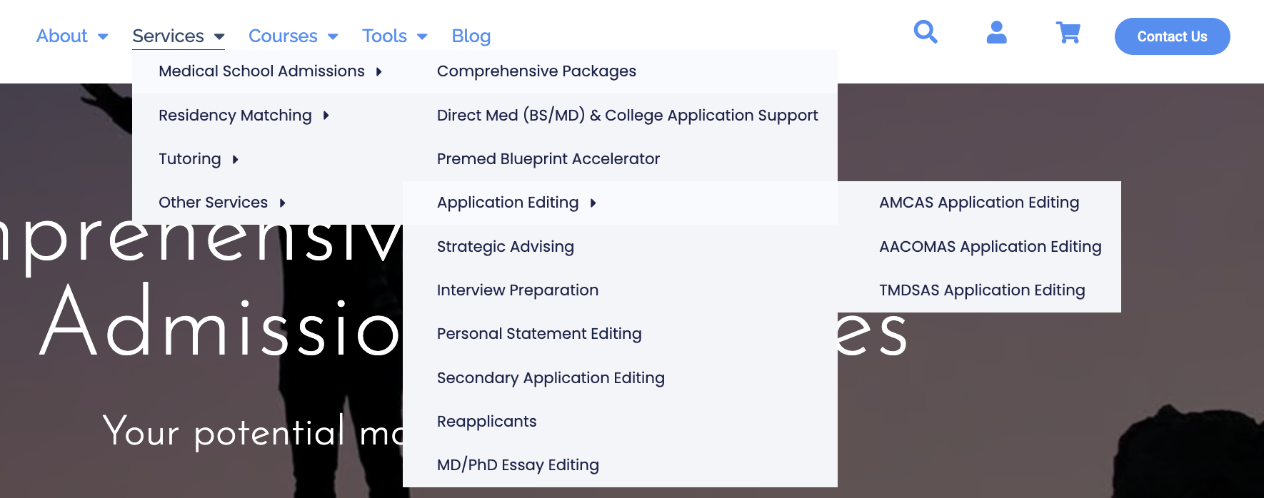 Screenshot of the current Med School Insiders navigation with three levels of nested dropdown menus